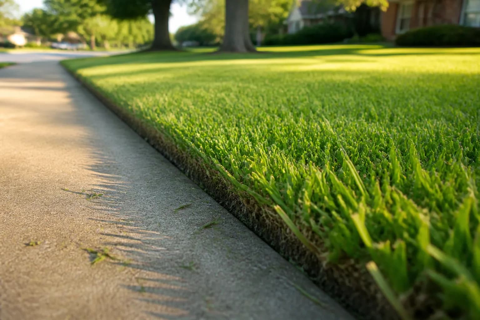 Crisp cut lawn edge meeting a concrete walkway